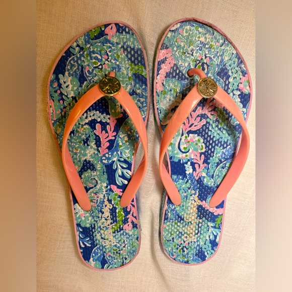 Lilly Pulitzer Coral Reef Flip Flops Preppy Beach Sandals Size 8.5 Fair - Picture 4 of 10